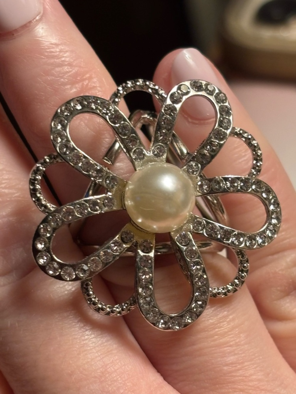 Silver-tone Floral Ring with Pearl Center and Crystals